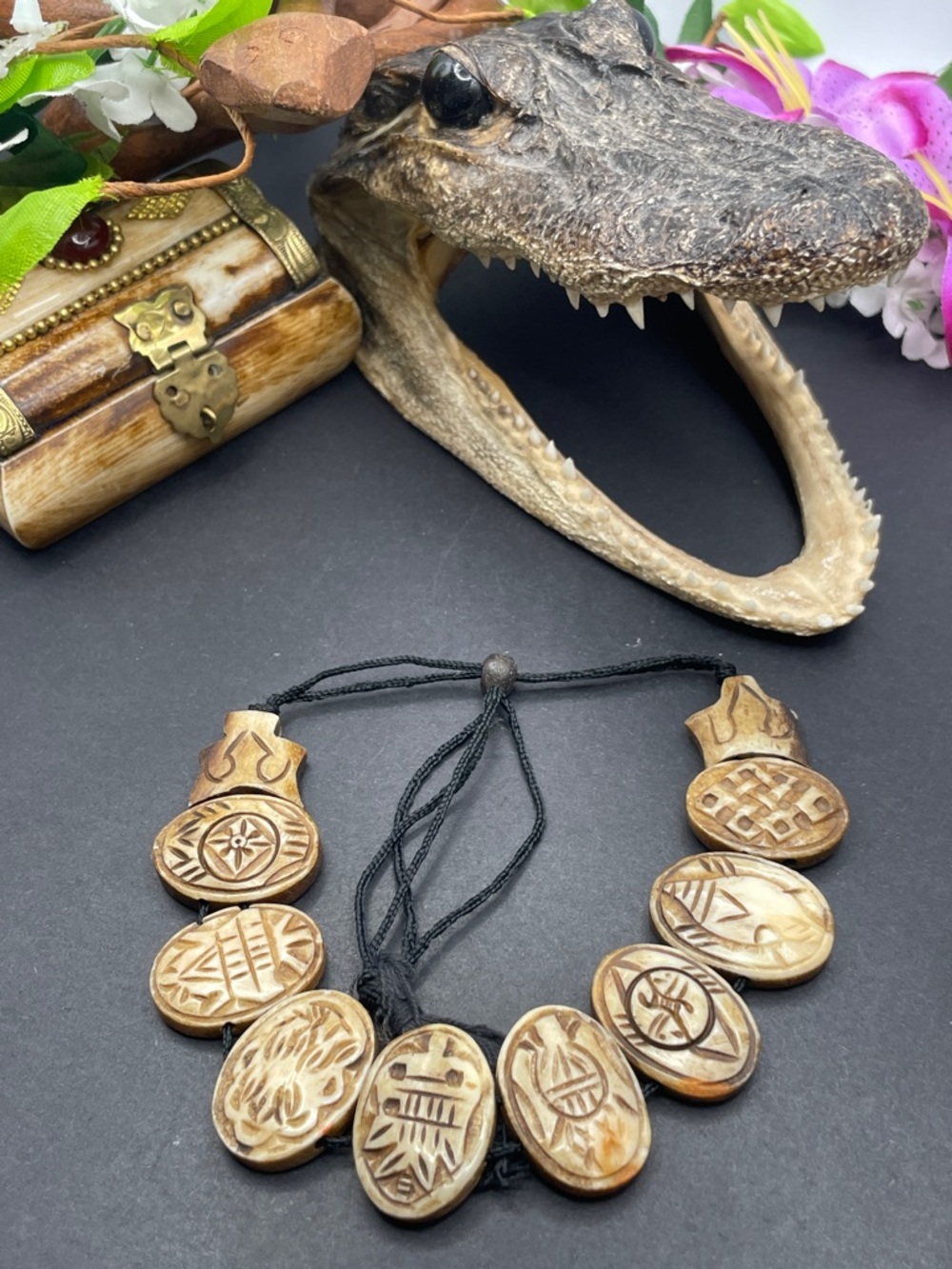 Buddhist carved bone panel bracelet vintage